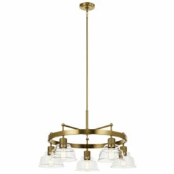 Wholesale 👍 Kichler Lighting Eastmont 5-Light Brushed Natural Brass Vintage Industrial Chandelier With Clear Glass 🎉