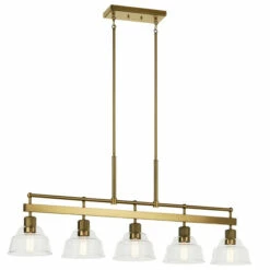 Wholesale 👏 Kichler Lighting Eastmont 5-Light Brushed Natural Brass Vintage Industrial Linear Chandelier With Clear Glass 🛒
